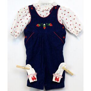 VTG Baby Togs Girl 3 Pc Outfit sz 3-6 Months Strawberry Overalls Shirt Socks